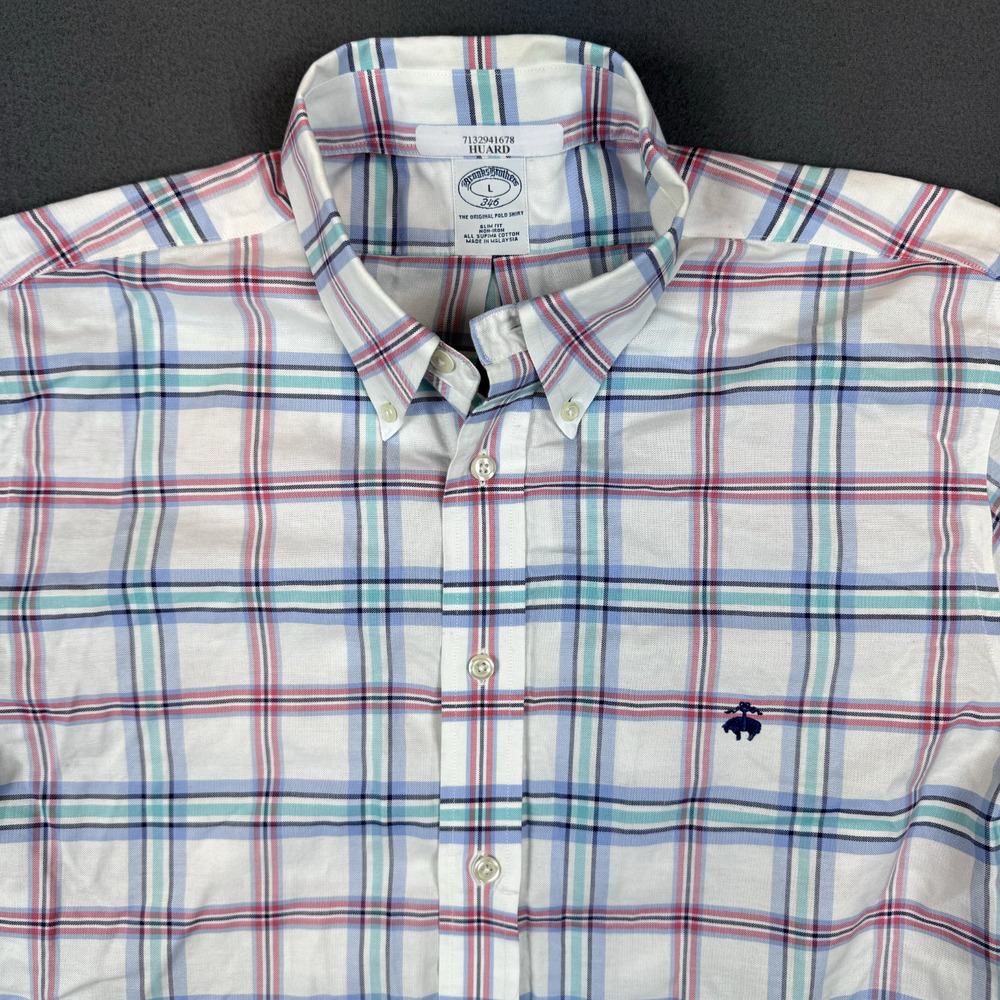Brooks Brothers Shirt Mens Large White Pink Green Plaid The Original Polo S/S